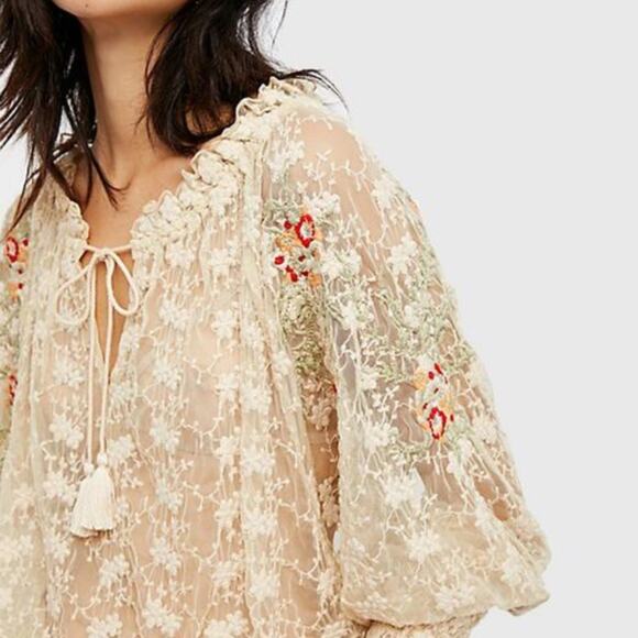 Free People Embroidered Lace Floral Pattern Boho Top Small - Picture 8 of 10